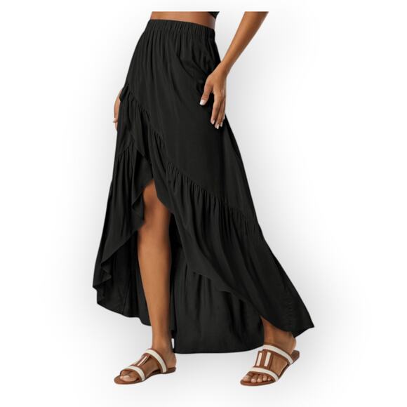 HALARA Dresses & Skirts - Halara High Waisted High Low Ruffle Maxi Skirt Flowy Black XL NWT Coastal Boho